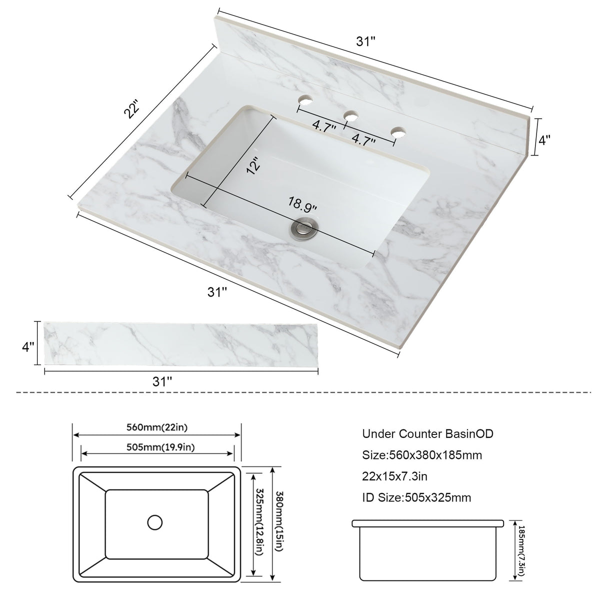 Elegant Sintered Stone Bathroom Vanity Top With Rectangular Undermount Ceramic Sink