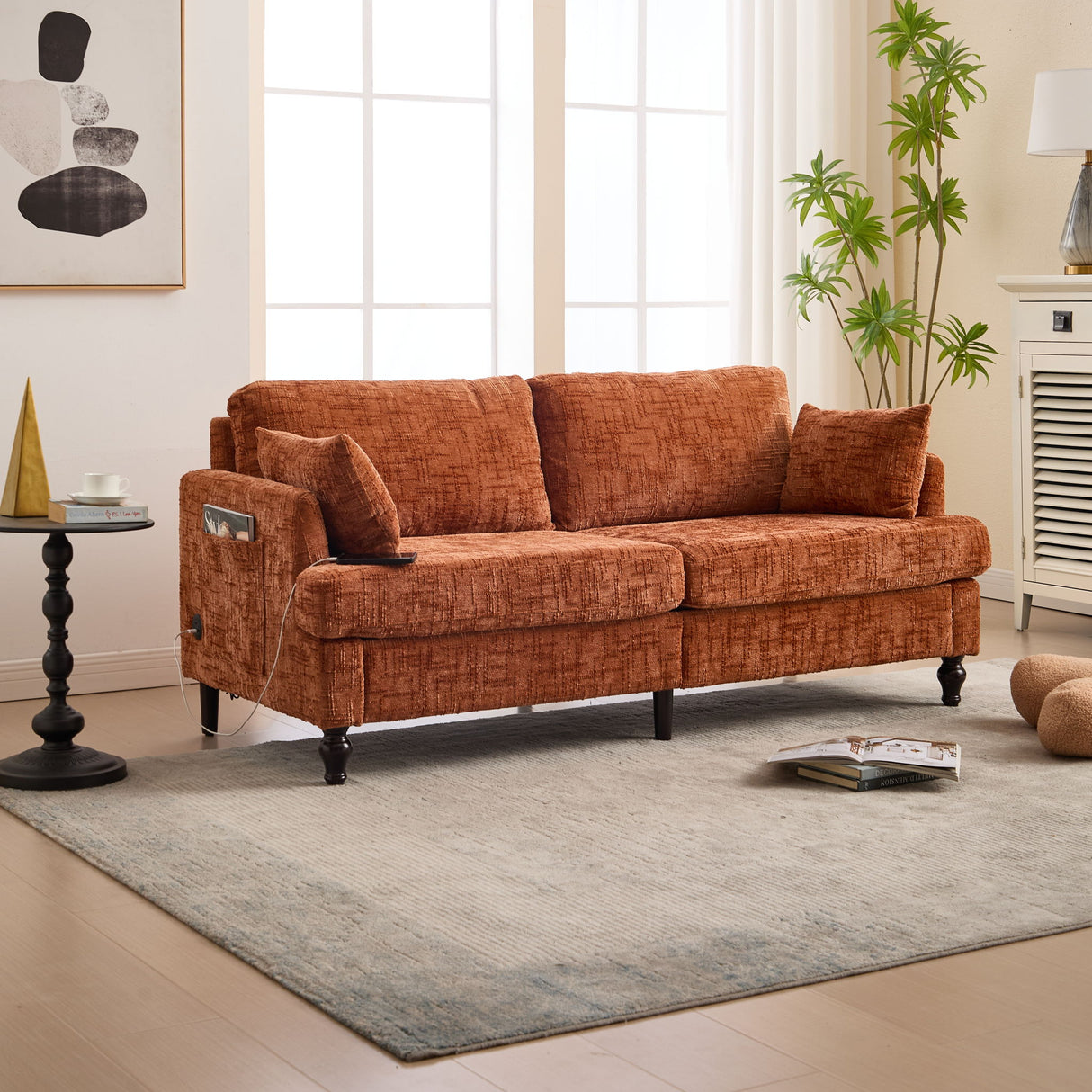 Chenille 2 Seater Sofa With LED Light, USB Charging Port, And Storage Bag