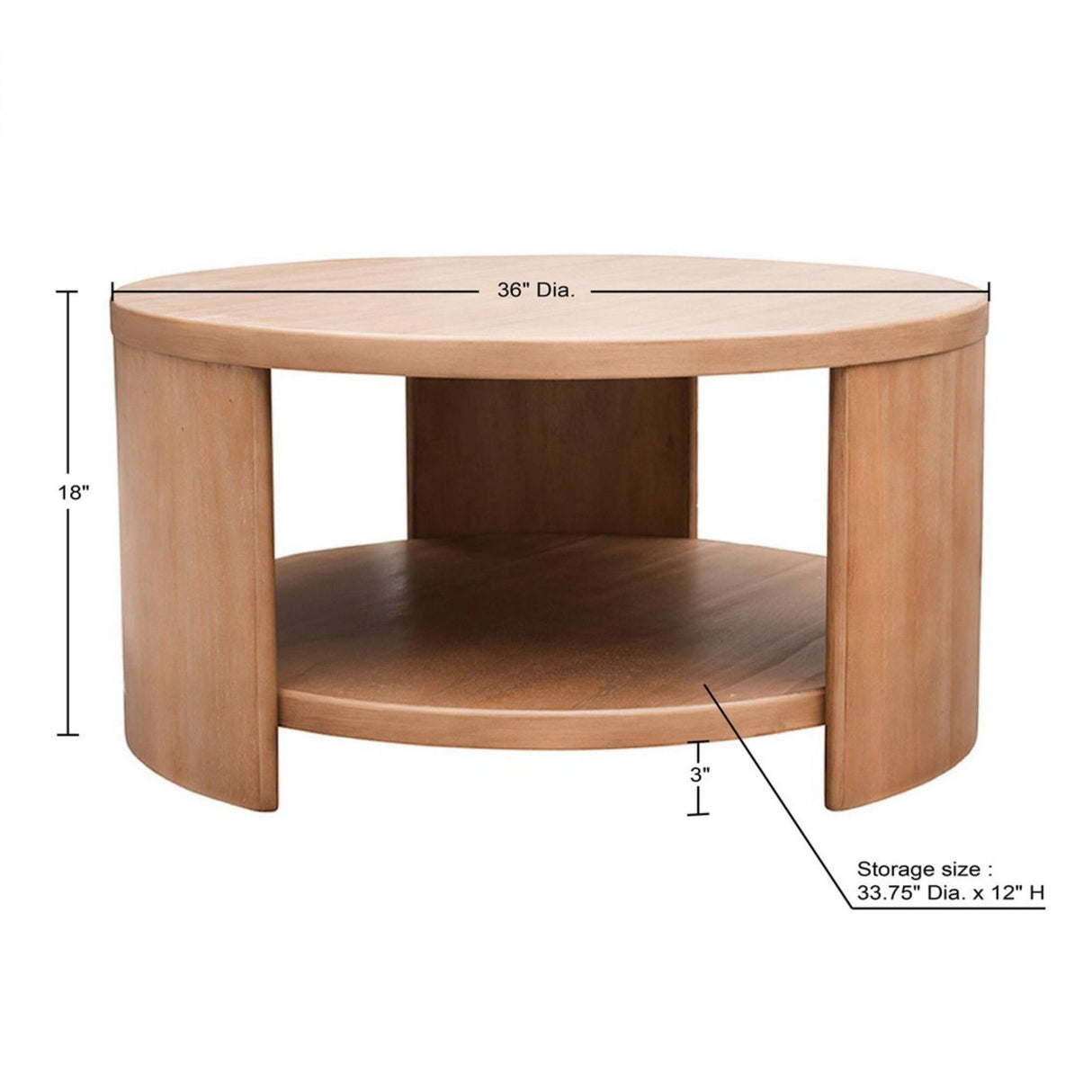 Modern Minimalist Round Coffee Table With Shelf Storage - Natural
