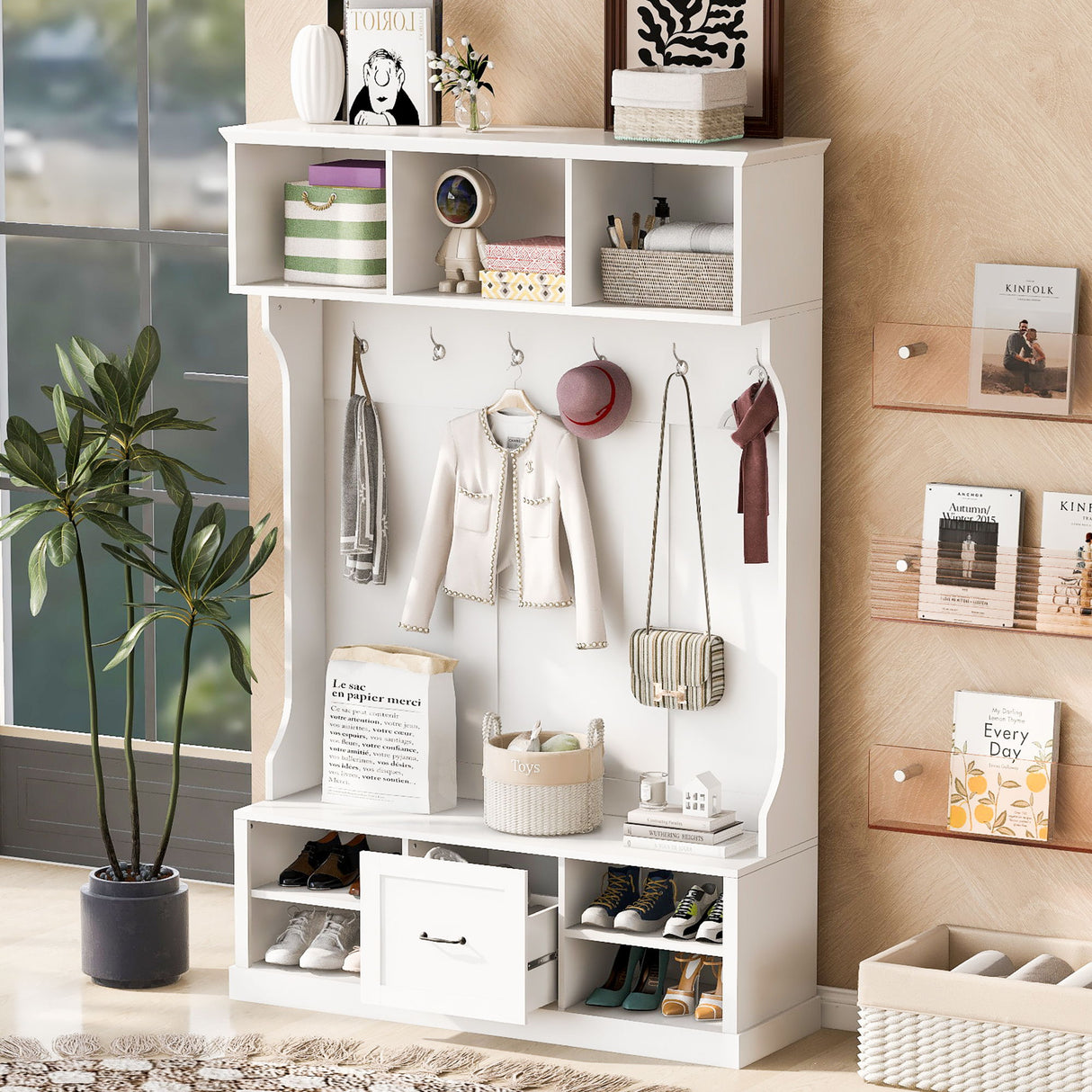 Hall Tree With 6 Hooks, Coat Hanger, Entryway Bench