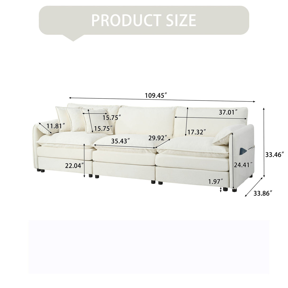 Modern Chenille Oversized Deep Seat Sectional Sofa With Pillows