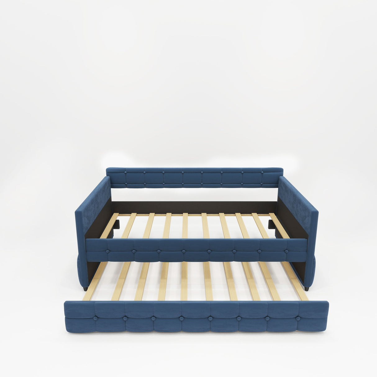 Upholstered Twin Size Daybed Bed Frame (Corner Bed) With Trundle, Velvet Fabric, Studding Design, No Box Spring Required