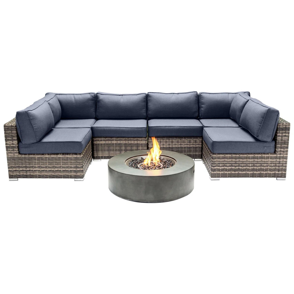 Outdoor 7 Piece Sectional Seating Group With Cushions And Fire Pit - Gray / Navy