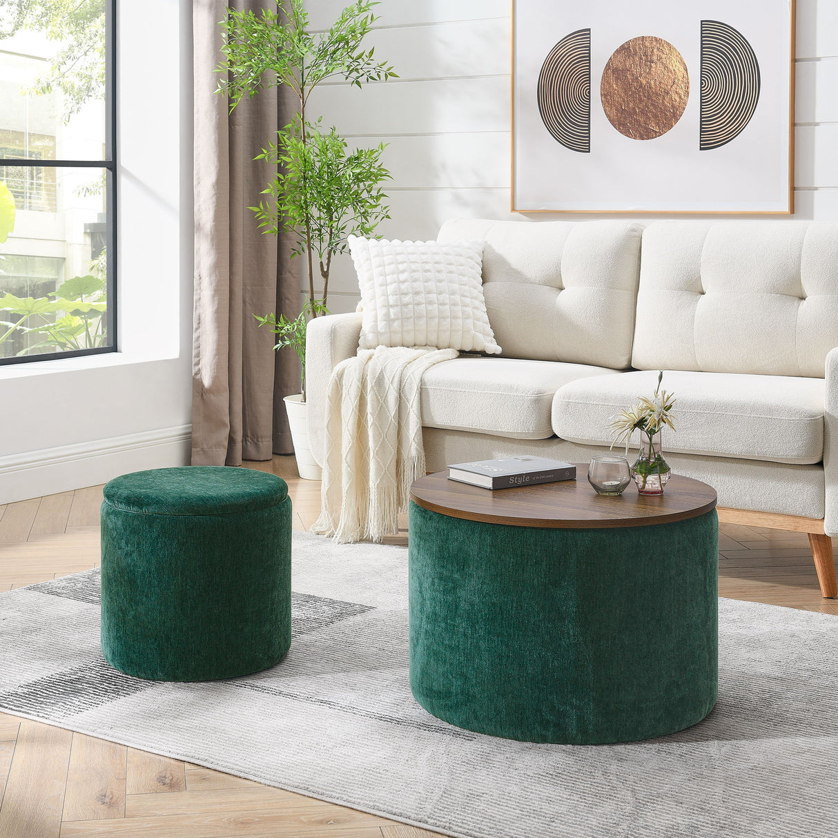 Classic 2 Piece Round Storage Ottoman Set With Drum Shaped Stool