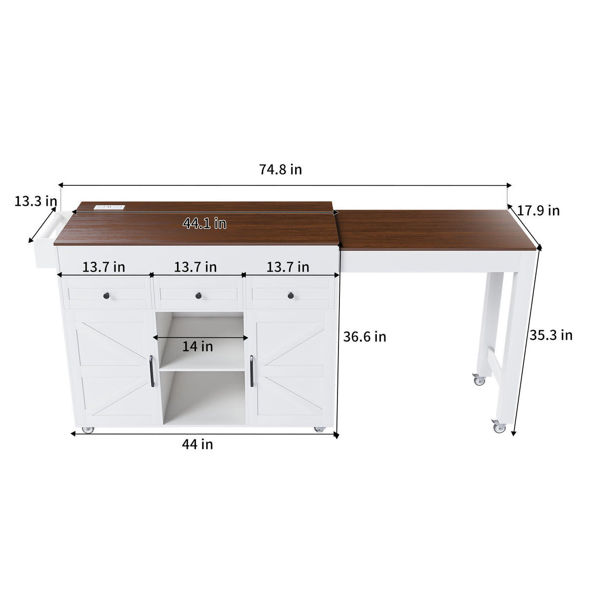 Modern Kitchen Island With Extendable Dining Table & Power Outlet - White