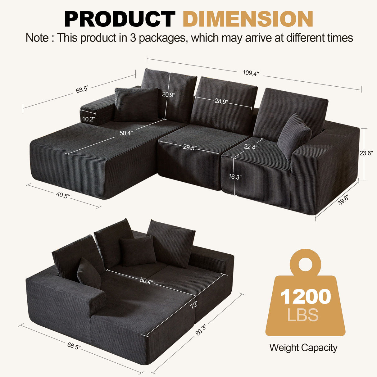 Modular Sectional Sofa With Chaise, L Shaped Cloud Couch With Deep Seat, Sectional Couches For Living Room - Black