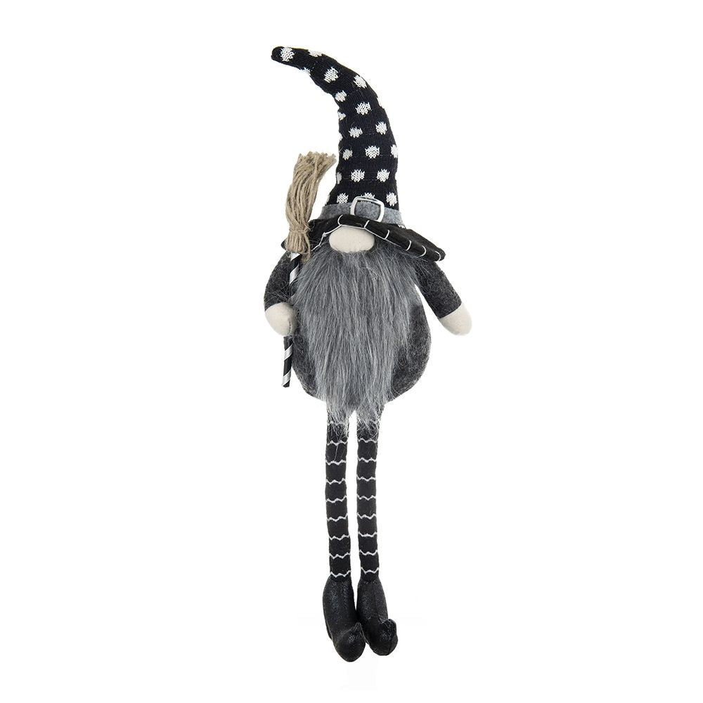 Sitting Gnome With Broomstick & Soft Legs, For Halloween Decor - Black White
