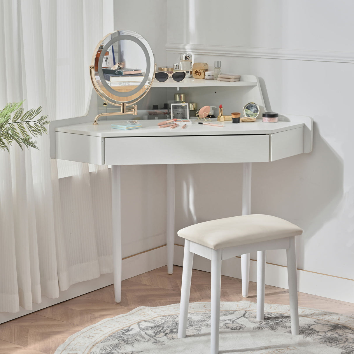 Modern Corner Makeup Vanity Desk With Large Storage, LED Mirror & Stool, Adjustable Brightness, Space Saving - White