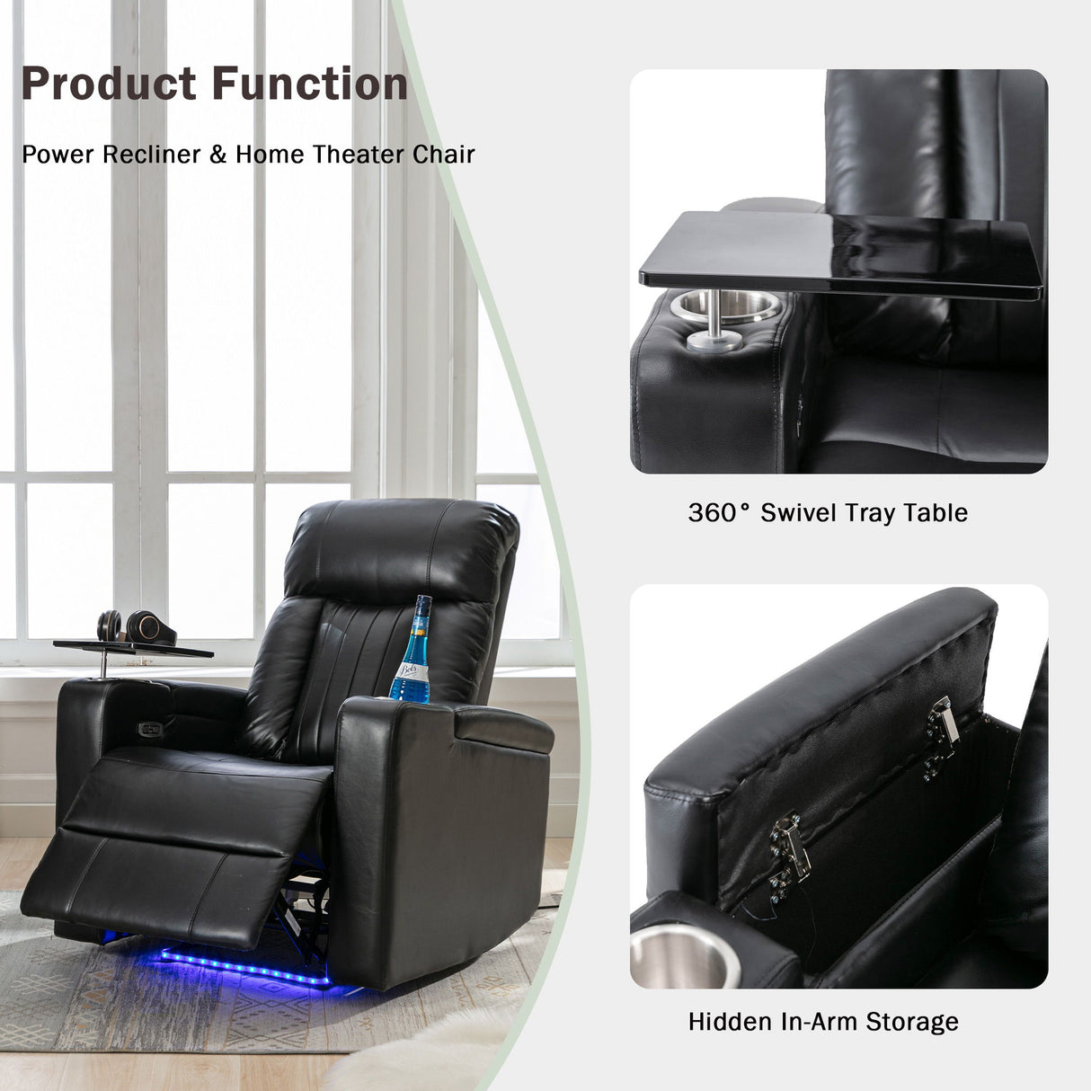 Premium Power Recliner & Storage Arms, Cupholders, Swivel Tray Table And Cell Phone Stand - Black