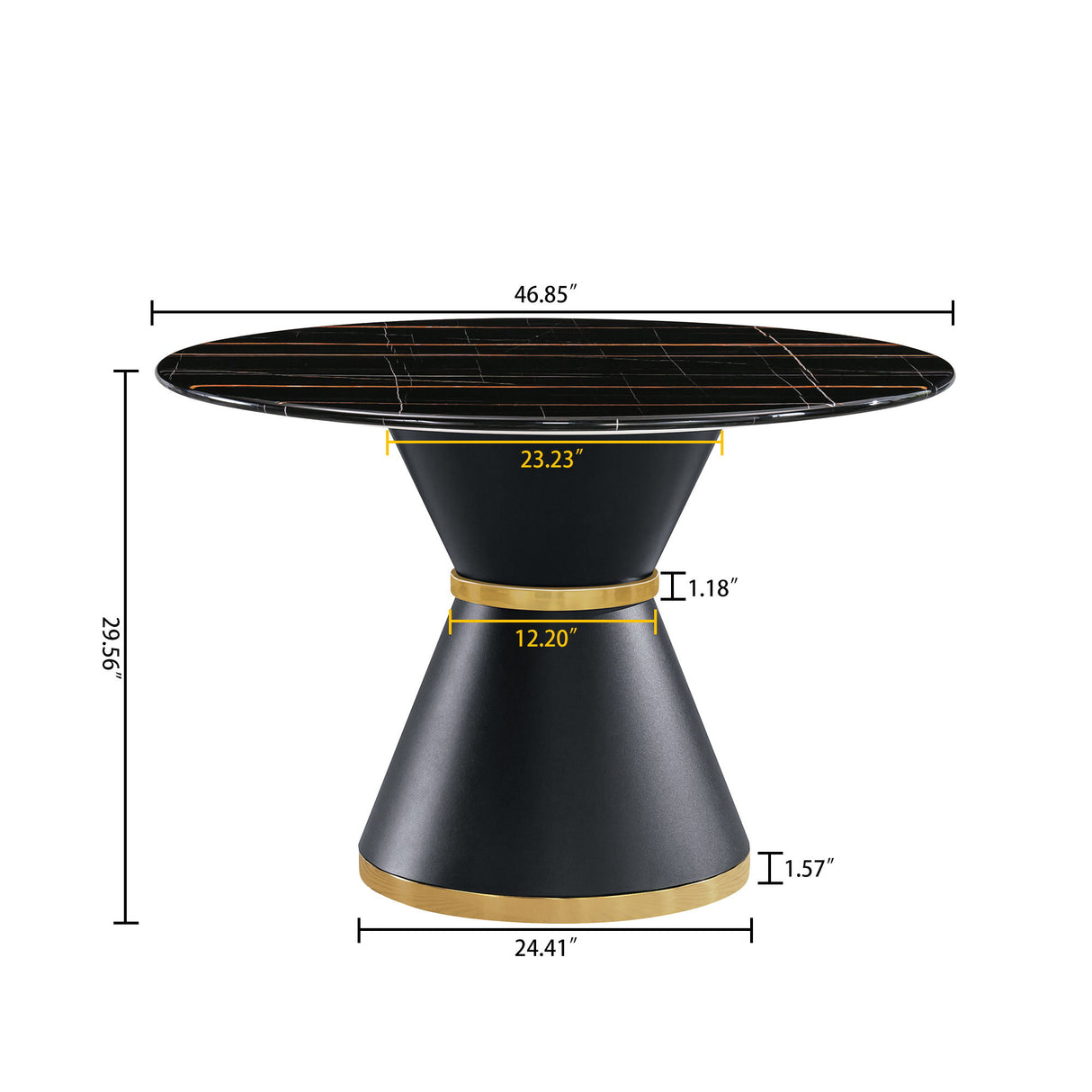 Marble Printed Round Dining Table - Black Columnar Base With Gold Annulus Not Including Chairs - Black