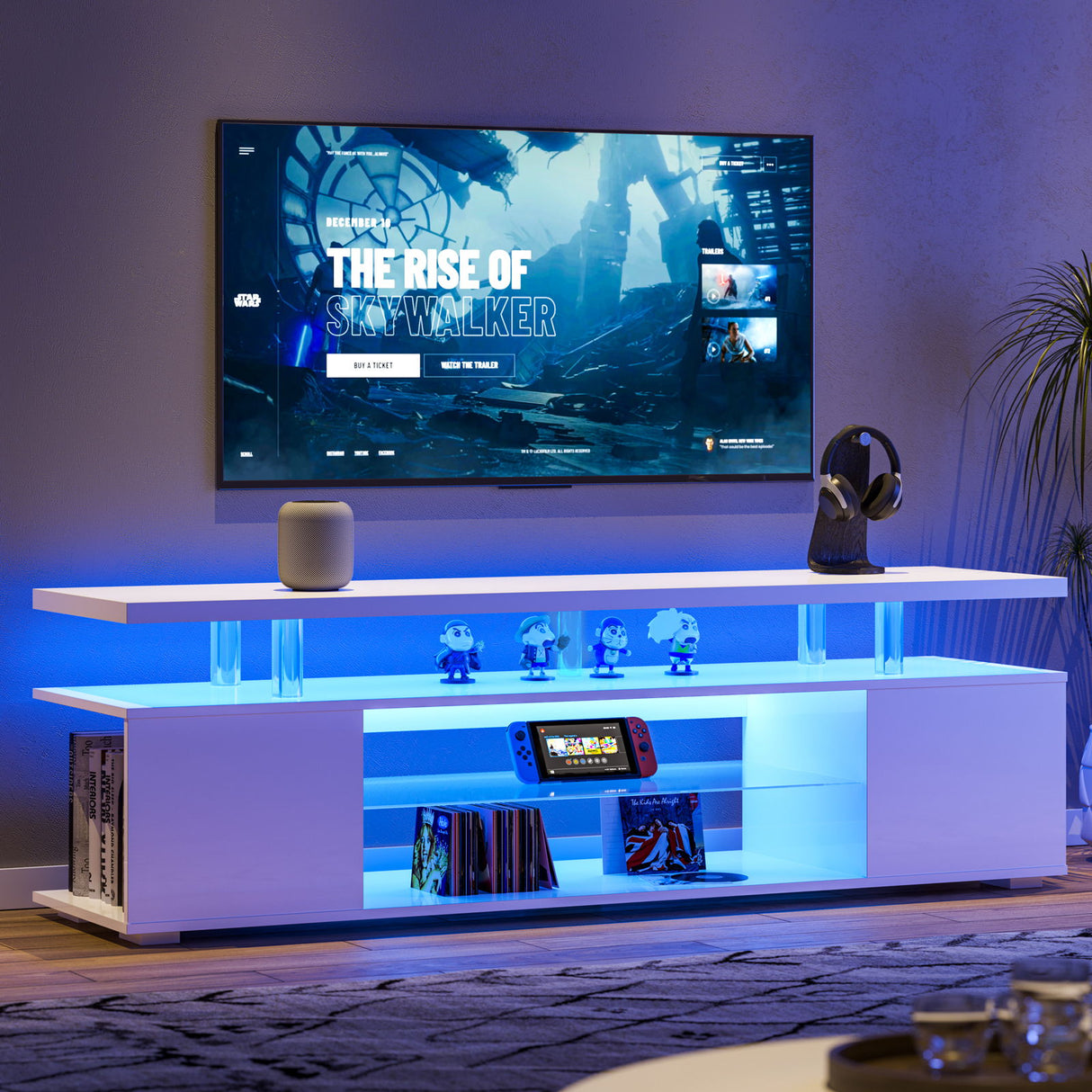 TV Stand LED Gaming Entertainment Center, Media Storage Console Table With Large Side Cabinet
