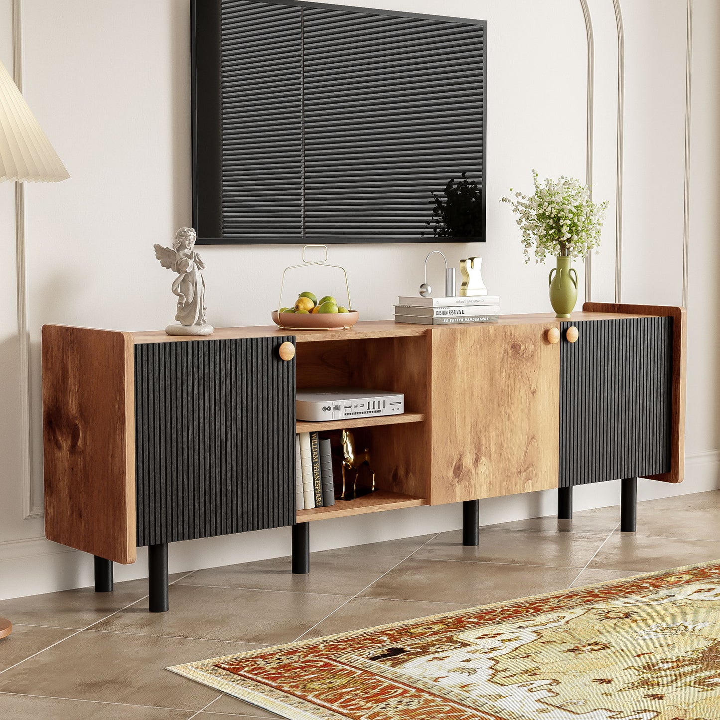 Mid Century TV Stand & 3 Cabinets, Media Console Table For Tvs Up To 70'', Entertainment Center With Storage For Living Room - Black / Brown