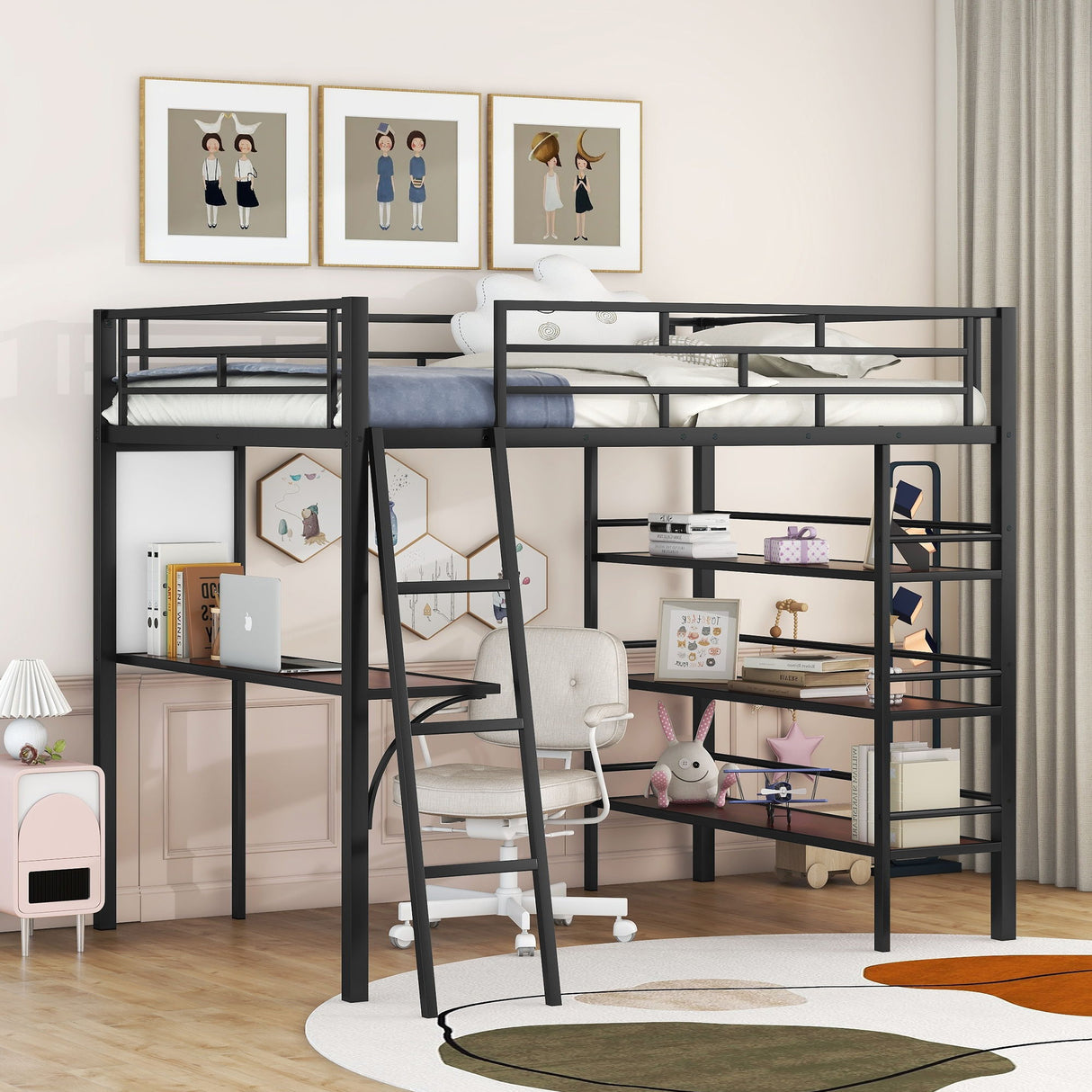 Bed With 3 Layers Of Shelves And Desk, Stylish Frame Bed
