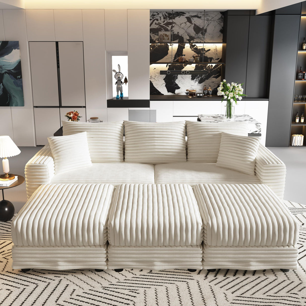 Deep Seat Convertible Sofa With Soft Pillows And Ottomans