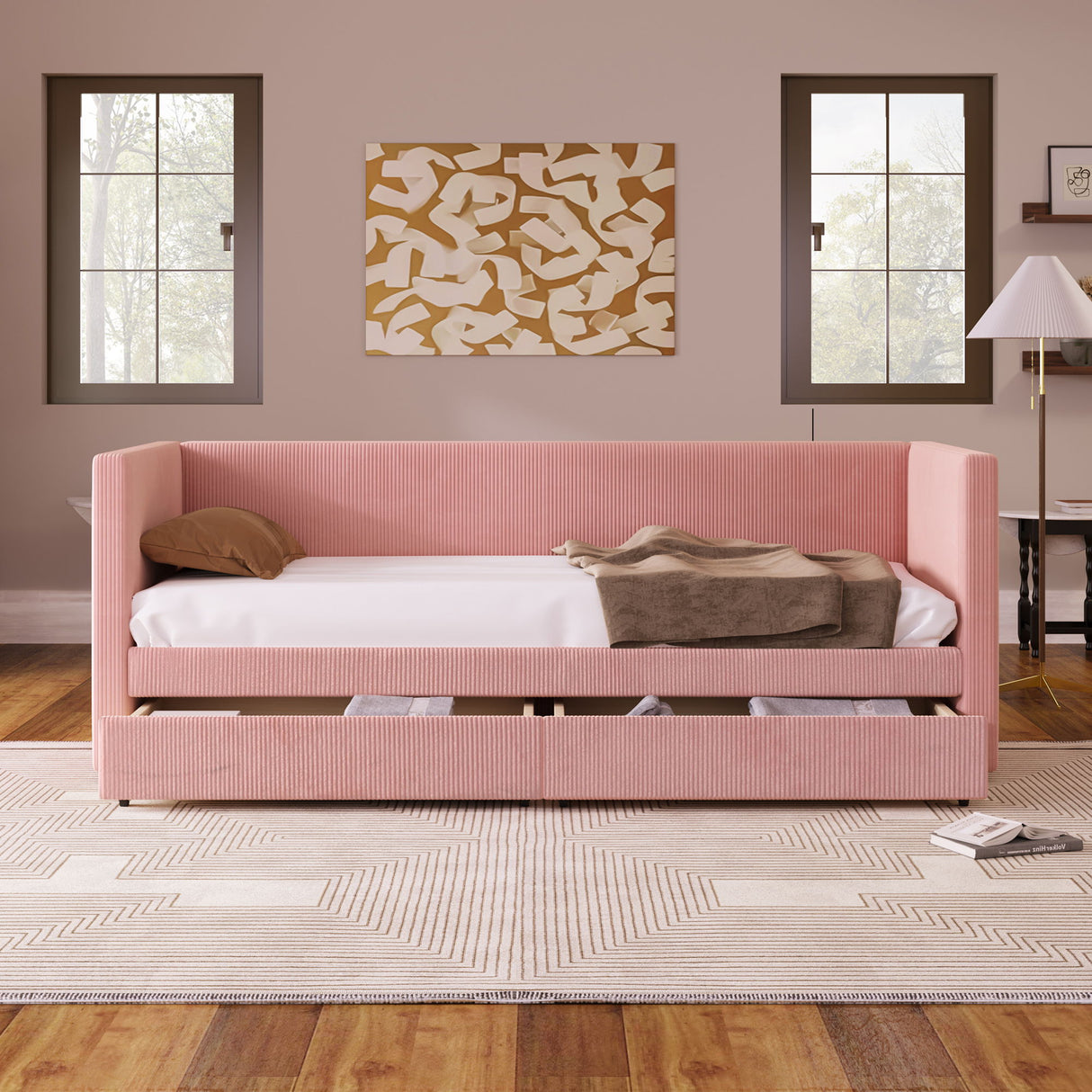 Corduroy Daybed With Two Drawers And Wood Slat