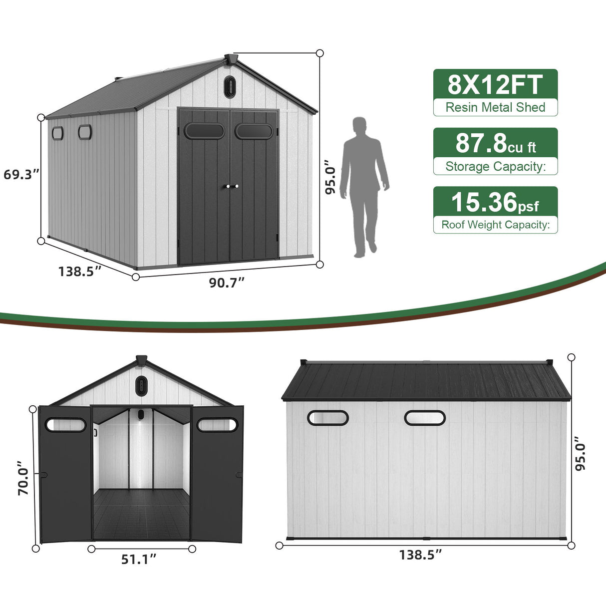 8 Ft. W X 12 Ft. D Plastic Storage Shed With Floor - Black / Gray