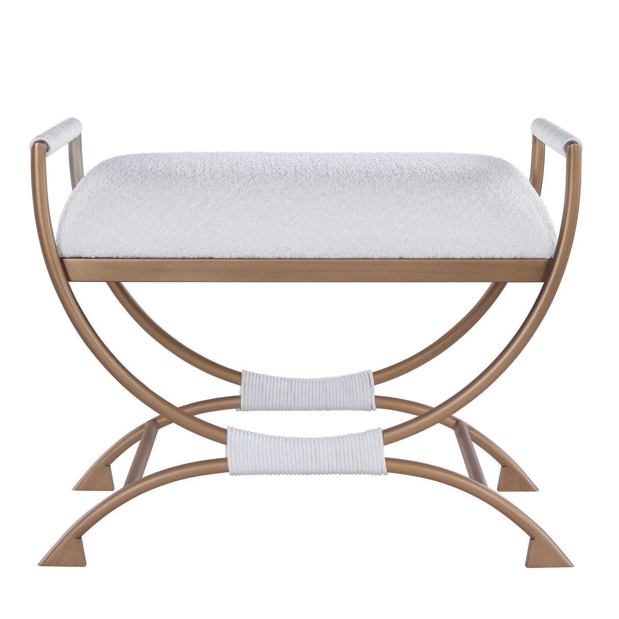 Nora - Bench With Bronze Metal Frame And Boucle Fabric Seat - White