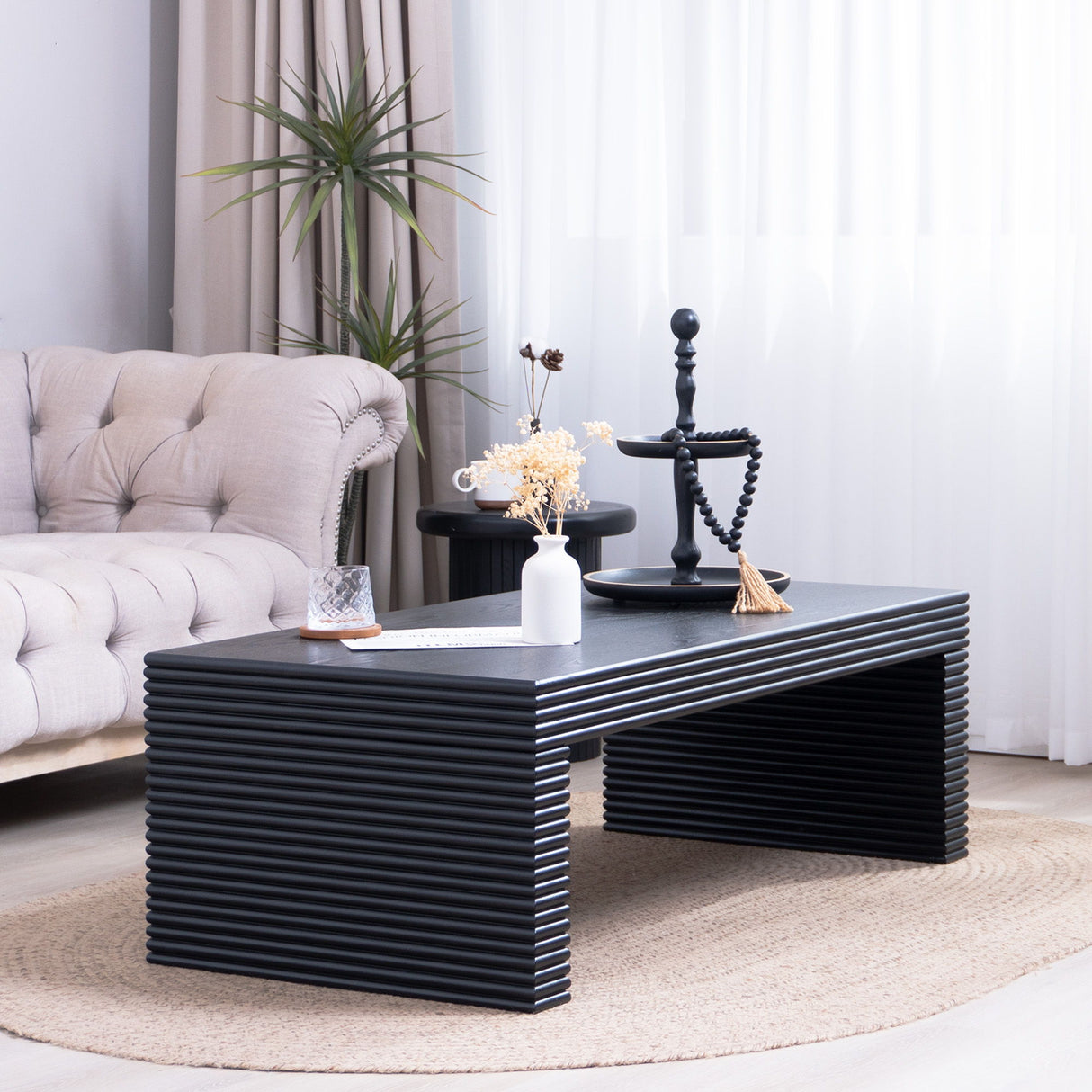 Modern Ribbed Coffee Table, Rectangular Low Profile Center Table For Living Room - Black