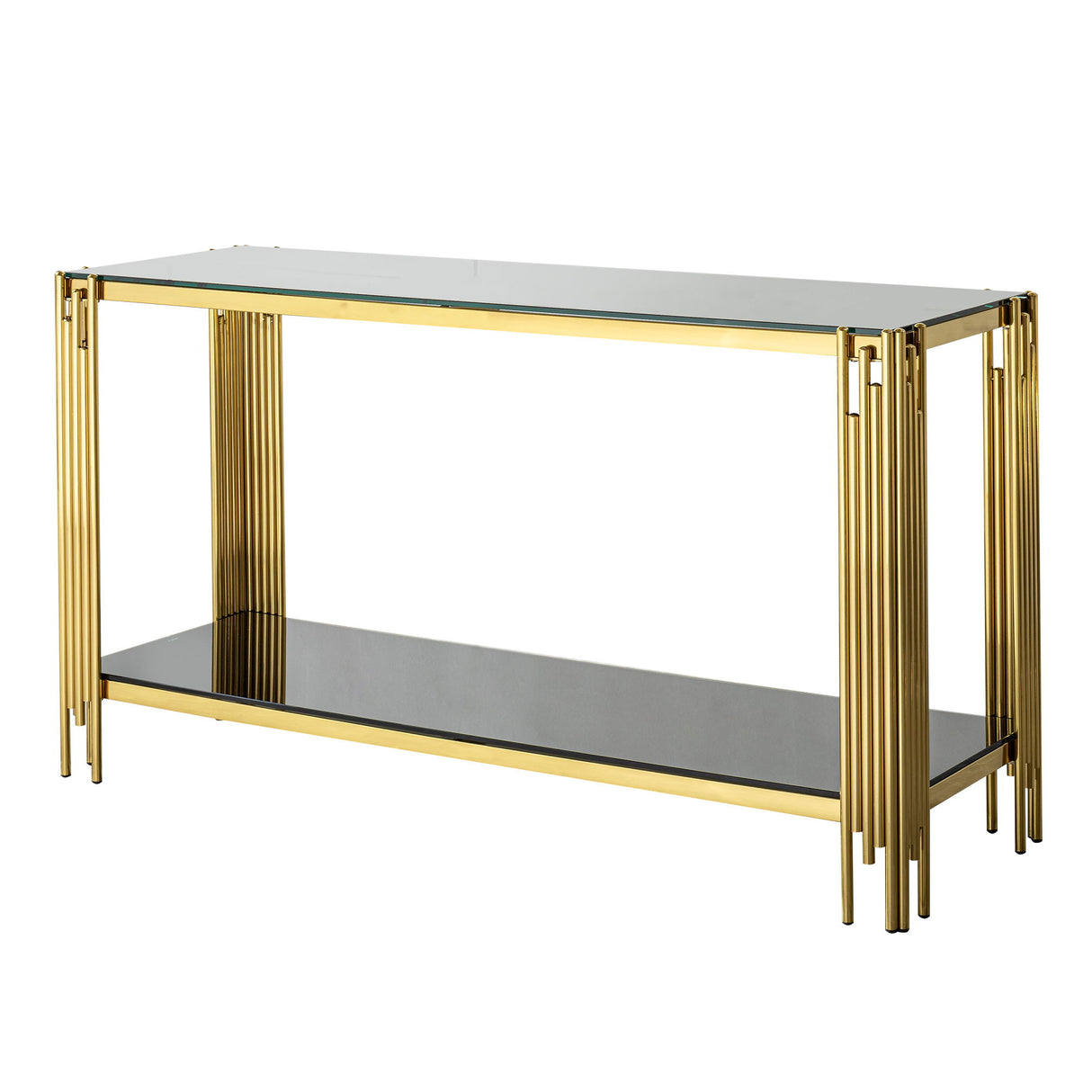 Modern Glass Top Mirror Stainless Steel Console Table For Living Room, Tempered Glass - Black / Gold