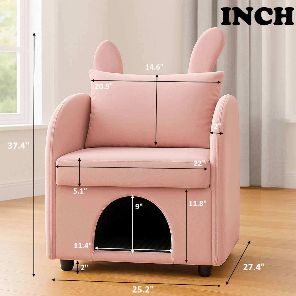 Bunny Ear Pet Friendly Armchair With Hidden Pet House With Storage Pocket For Bedroom & Living Room - Pink