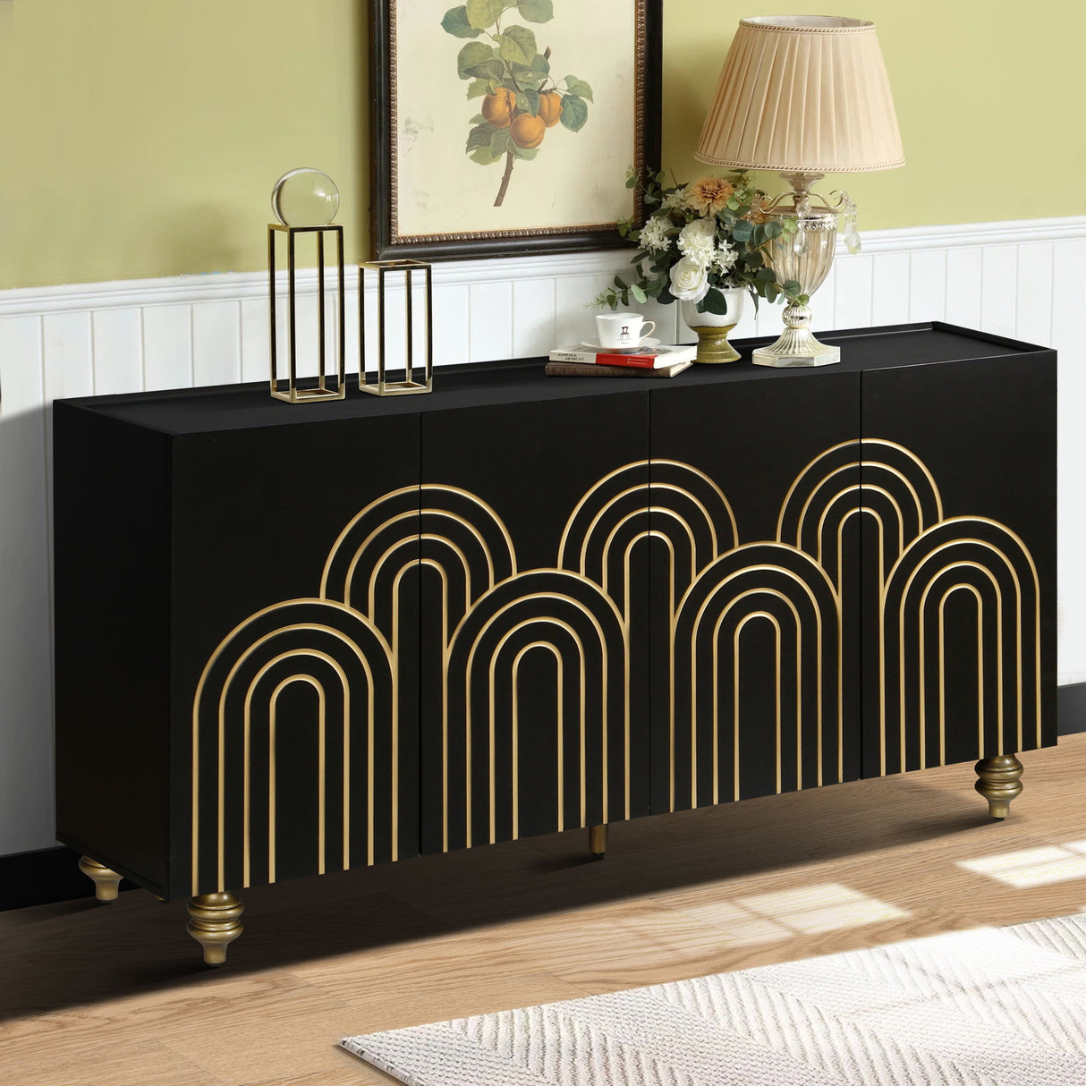 Modern Fluted Sideboard Buffet With Storage, Curve Element, 4 Doors With Adjustable Shelves