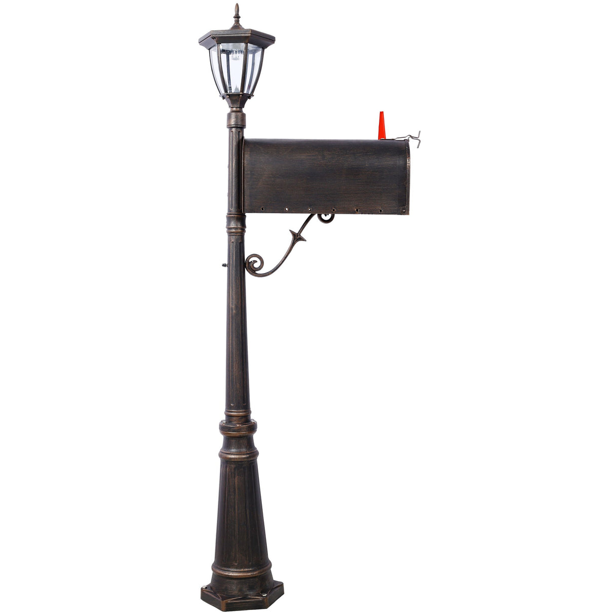 Stratford - Heavy Duty Cast Aluminum Mailbox With Post And Solar Light, Fluted Base, Decorative Modern Mailbox - Brown