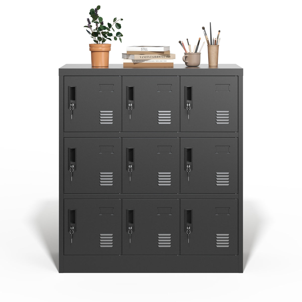 9 Door Employee Storage Locker With Card Slot, Lockers For Office, Gym, School, And Home - Black