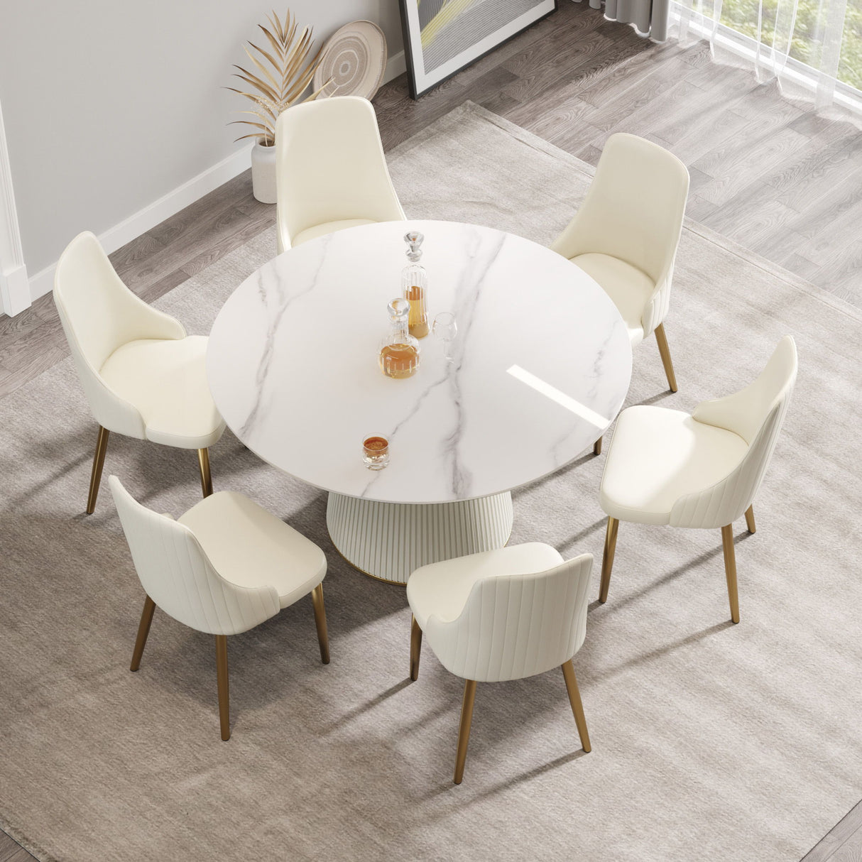 Modern Artificial Stone Round Plywood Base Dining Table, Can Accommodate 6 People, (Not Including Chairs) - White / Beige