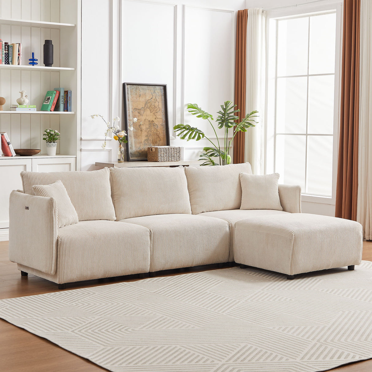 Modern Minimalist Corduroy Combination Sofa With 2 Comfort Cushions With USB & C Charging Ports