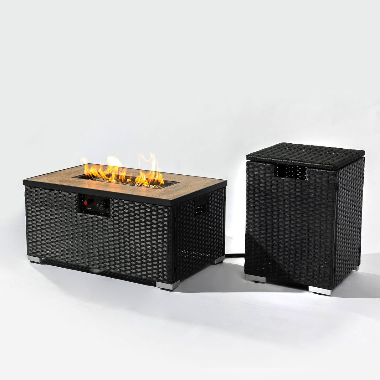 32" Propane Gas Fire Pit Table With Propane Tank Cover, 50000 Btu Rectangular Steel Fire Pit With Beautiful Wicker Base