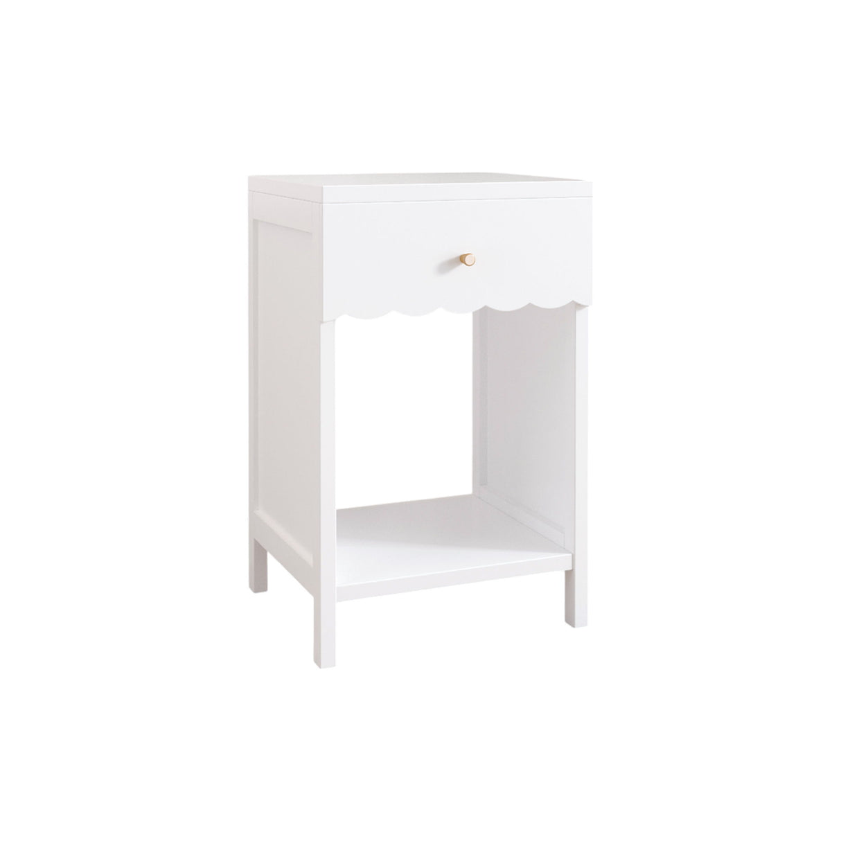 Nightstand With Drawer And Open Shelf, Scalloped Edge Bedside Table