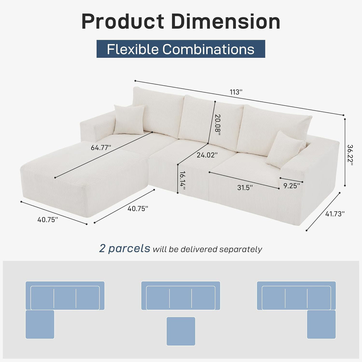 Modular Sectional Sofa With Ottoman, USB And Type C Charger, Petal Armrest Design