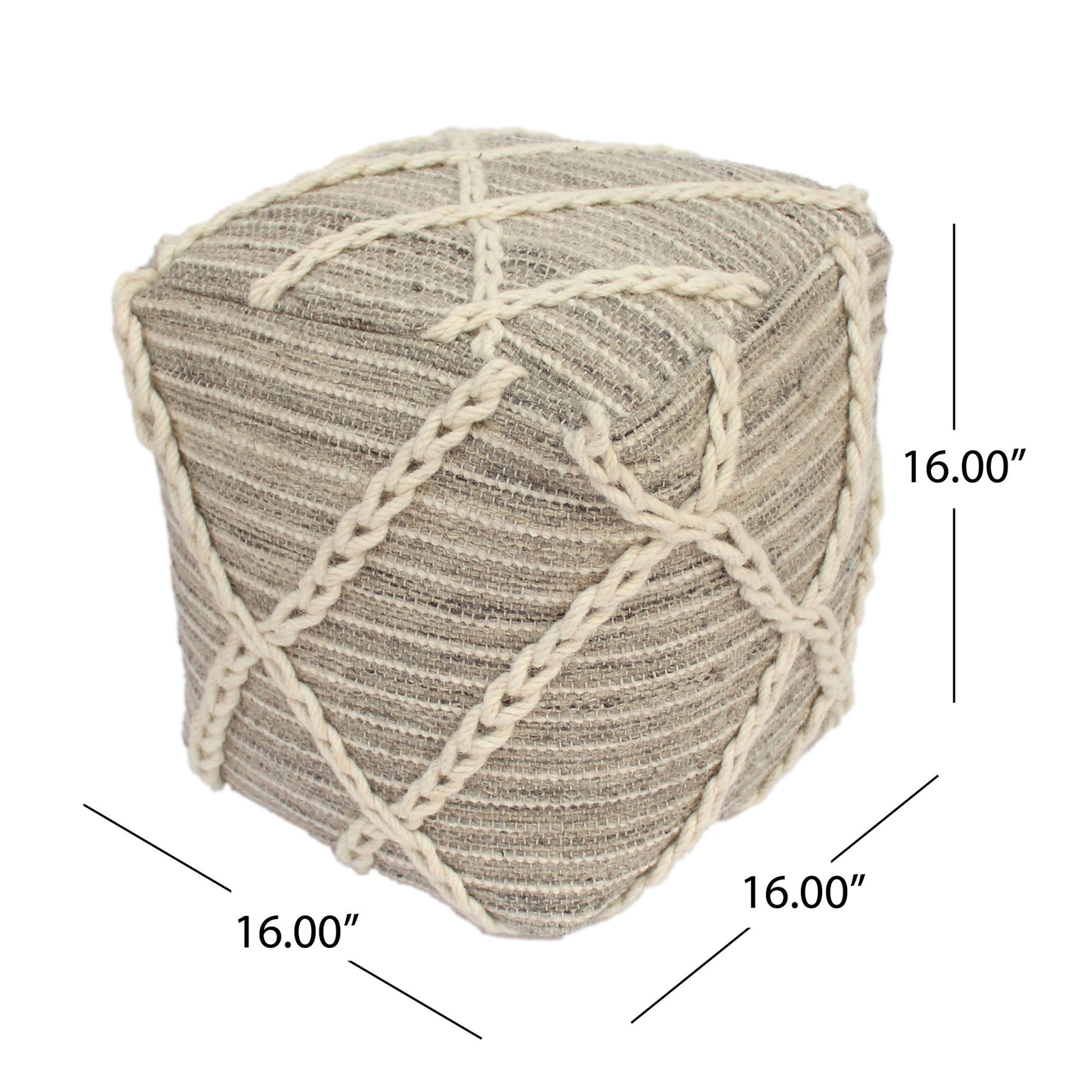 Modern Wool Rope Square Pouf Ottoman Floor Cushion - Gray / Ivory