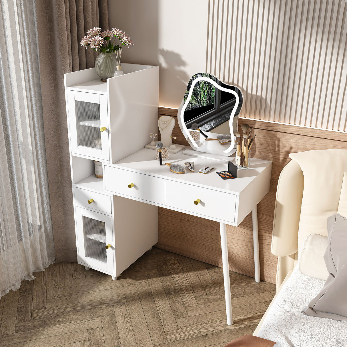 Vanity Dressing Table With LED Mirror & Storage Makeup Desk With 3 Drawers, 2 Open Shelves & 4 Hidden Cabinets - White
