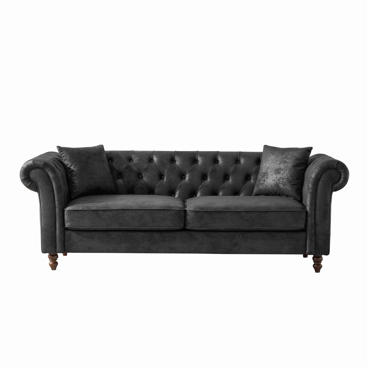 Chesterfield Sofa, High Tech Fabric Roll Armrest, 3 Seater Mid Century Modern Couch - Black