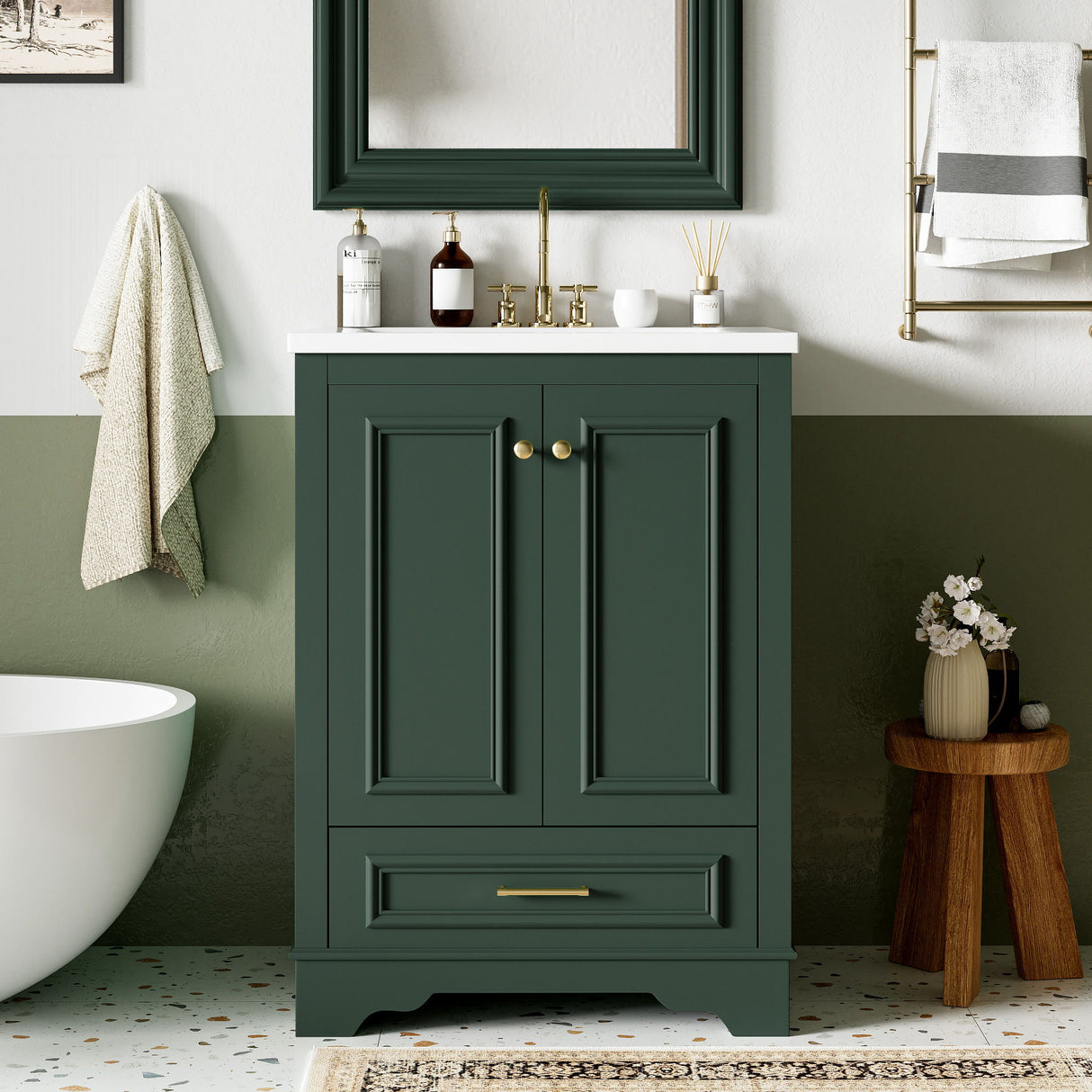 Bathroom Vanity With Ceramic Sink Combo, Modern Freestanding Storage Cabinet With Silver Handles