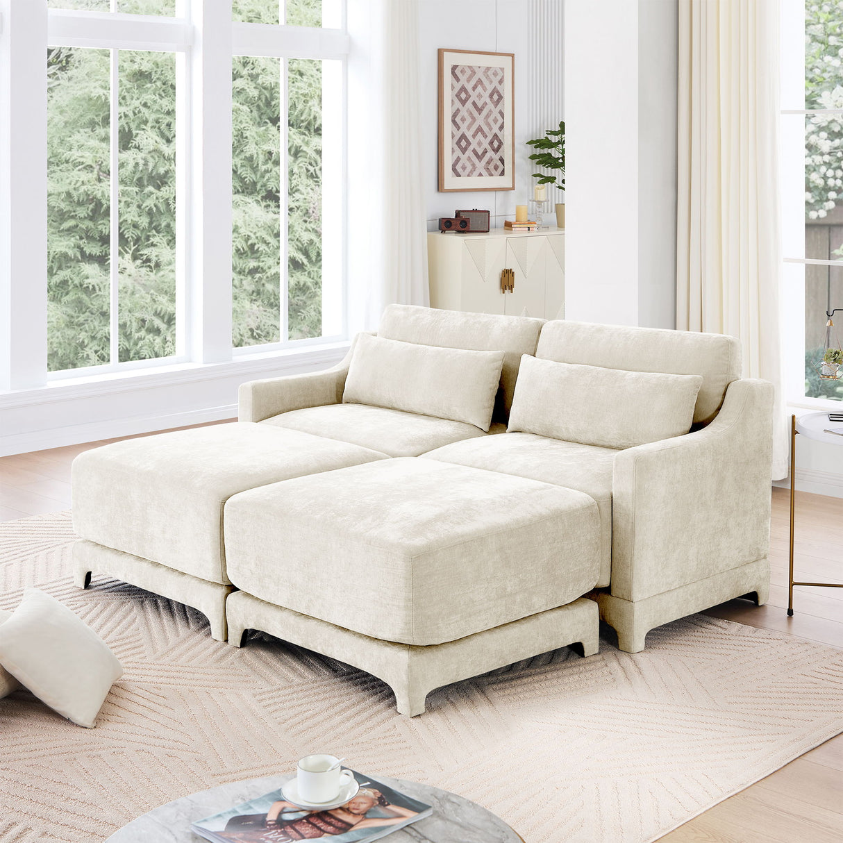 Stylish Sofa With Ottoman And Lumbar Pillows, Ergonomic Design