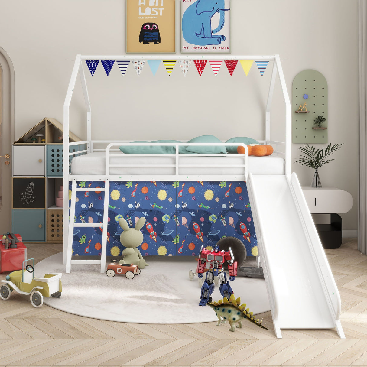 Jack - House Loft Bed With Slide And Curtain Set