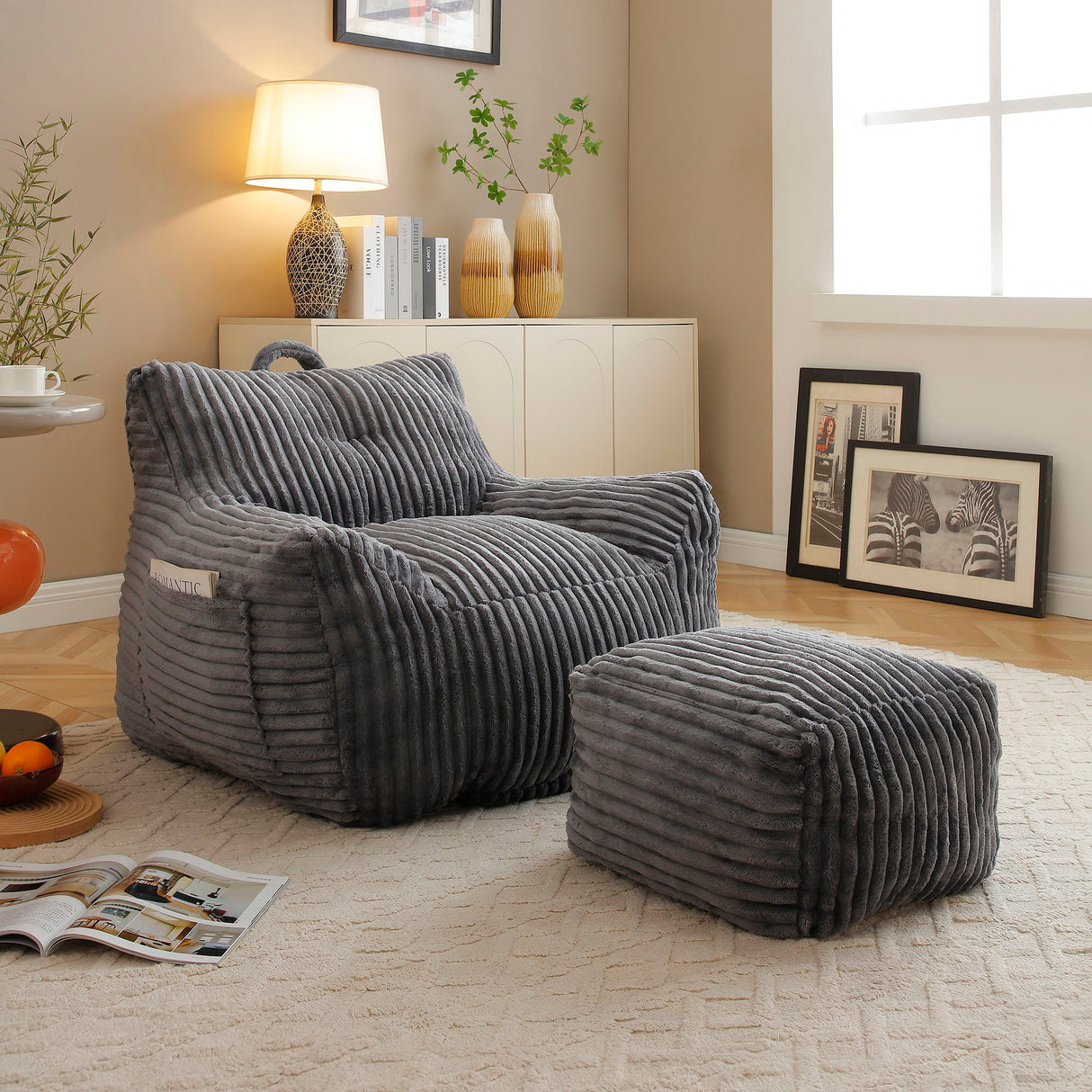 Giant Plush Bean Bag Chair With Armrests And Footstool