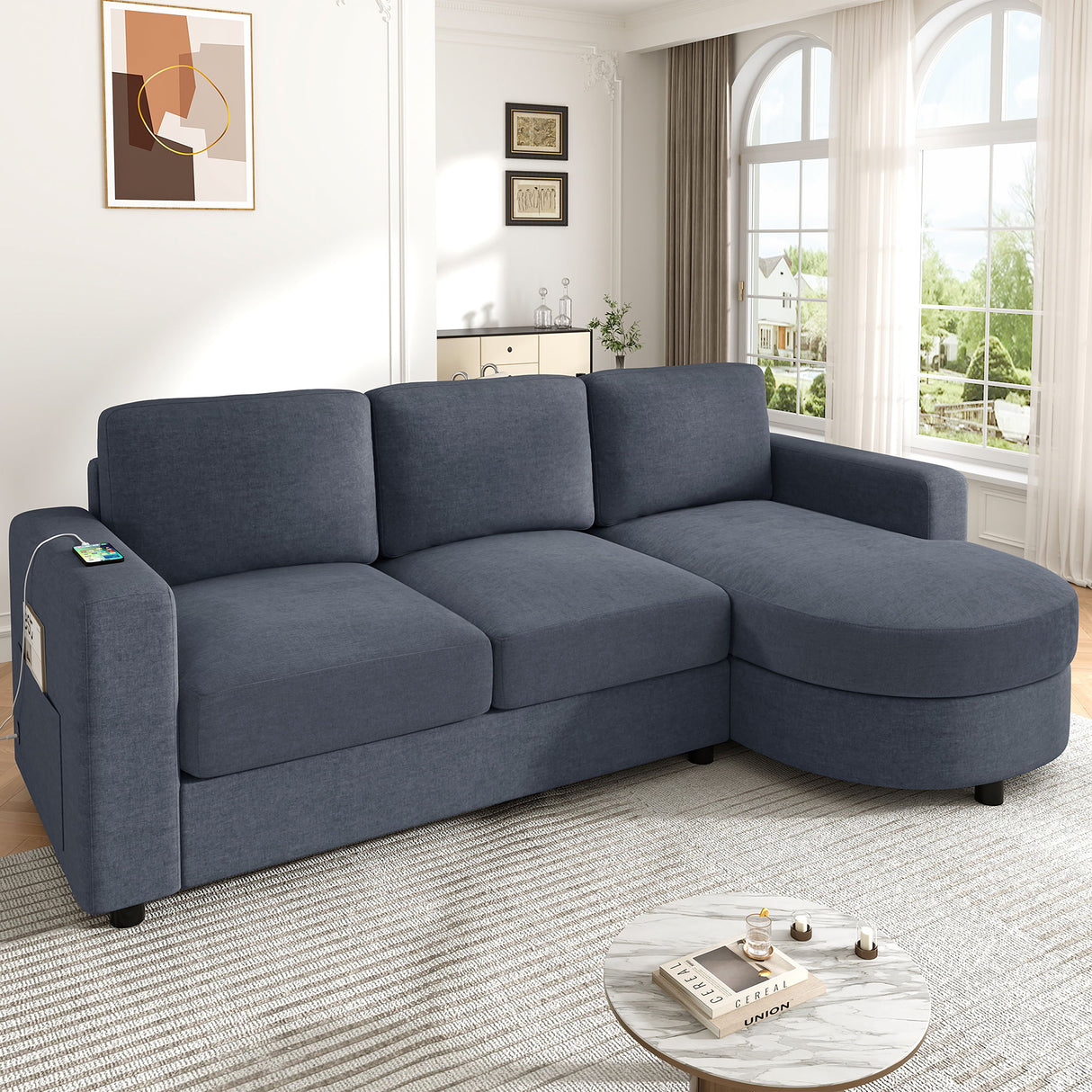 Modern L-Shaped Sectional Sofa With Curved Chaise, USB Ports, And Side Storage Pockets