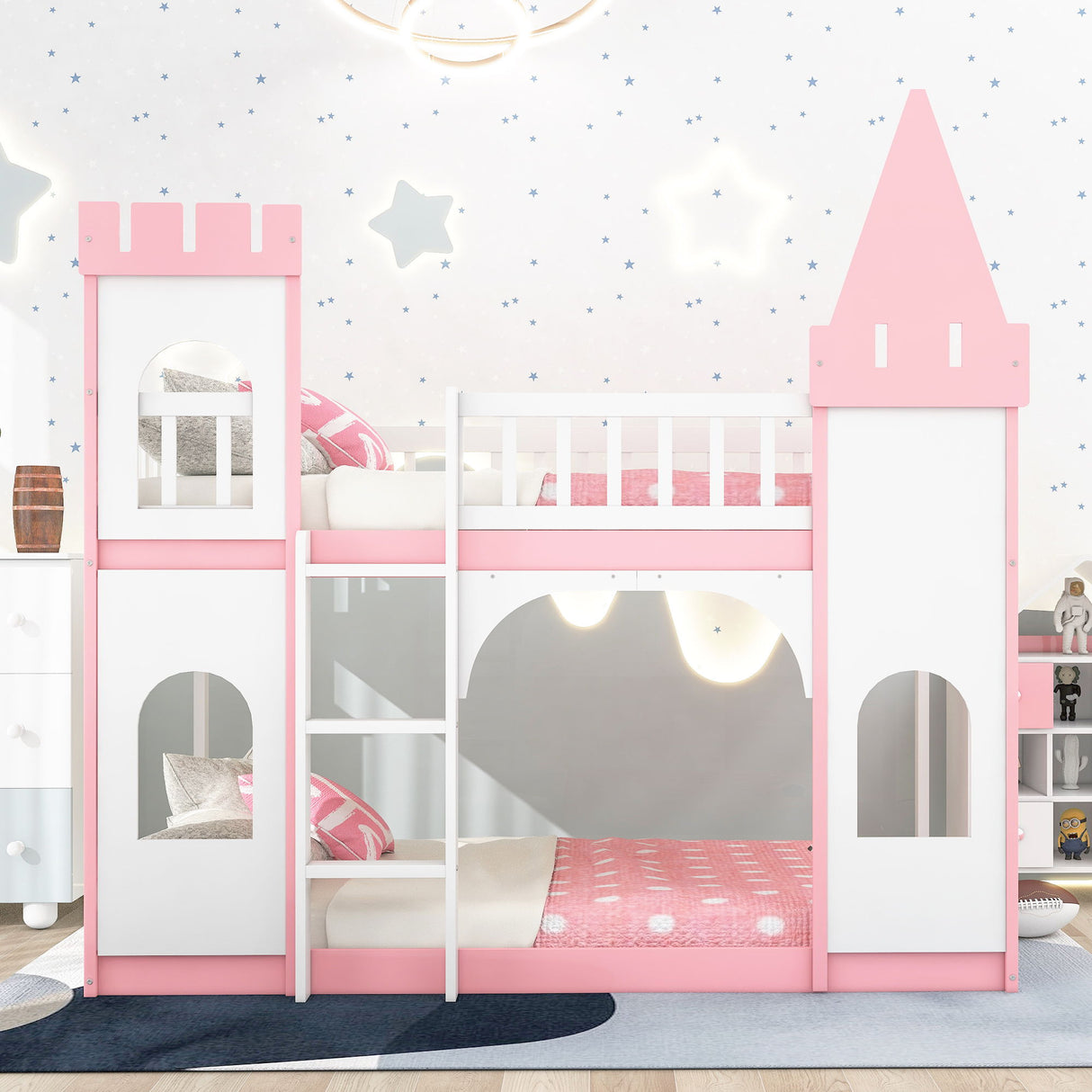 Twin Over Twin Castle Bunk Bed With Ladder - Pink