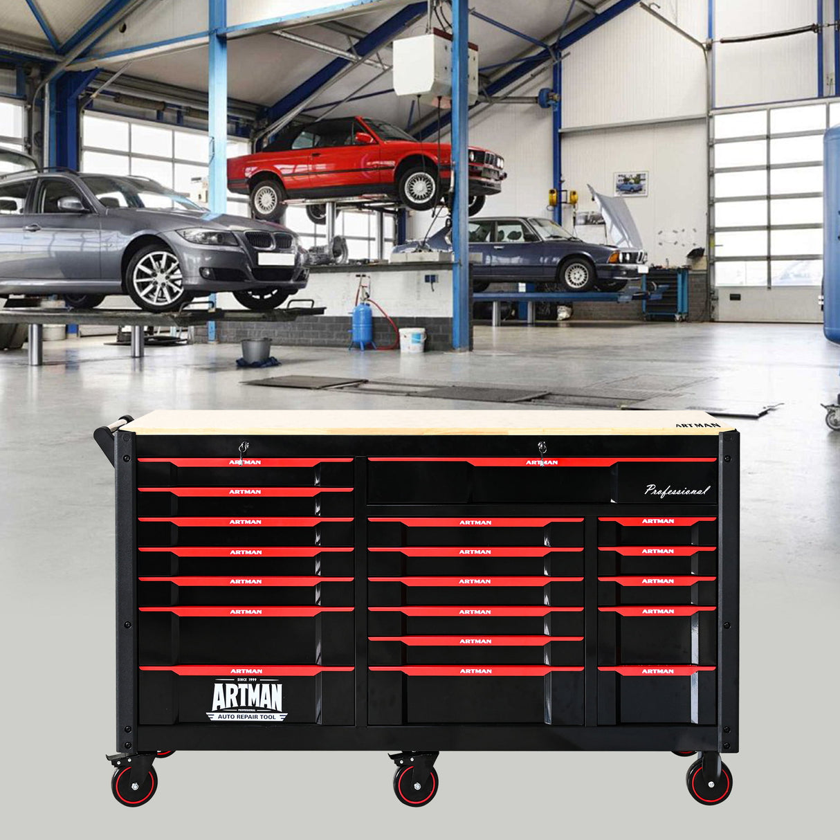 Heavy Duty Tool Cart With 19 Drawers, Tools Not Included, Mobile Storage For Workshop Or Laboratory - Black / Red