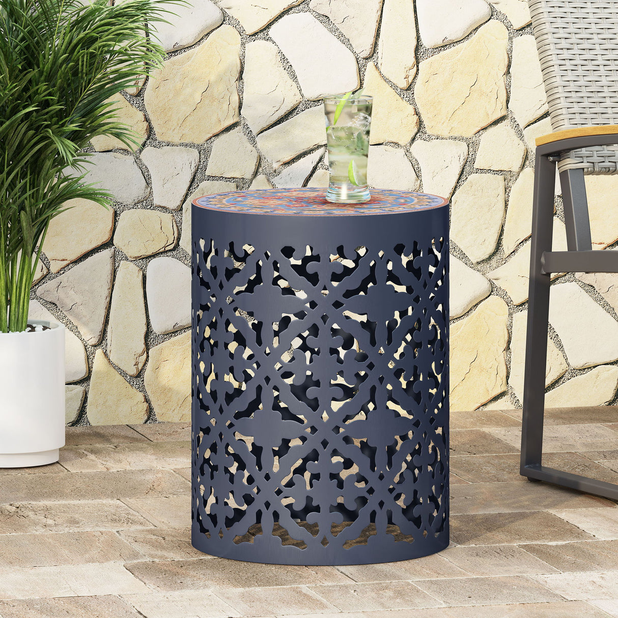 Airy - Outdoor Side Table With Lace Cut Design And Metal Frame