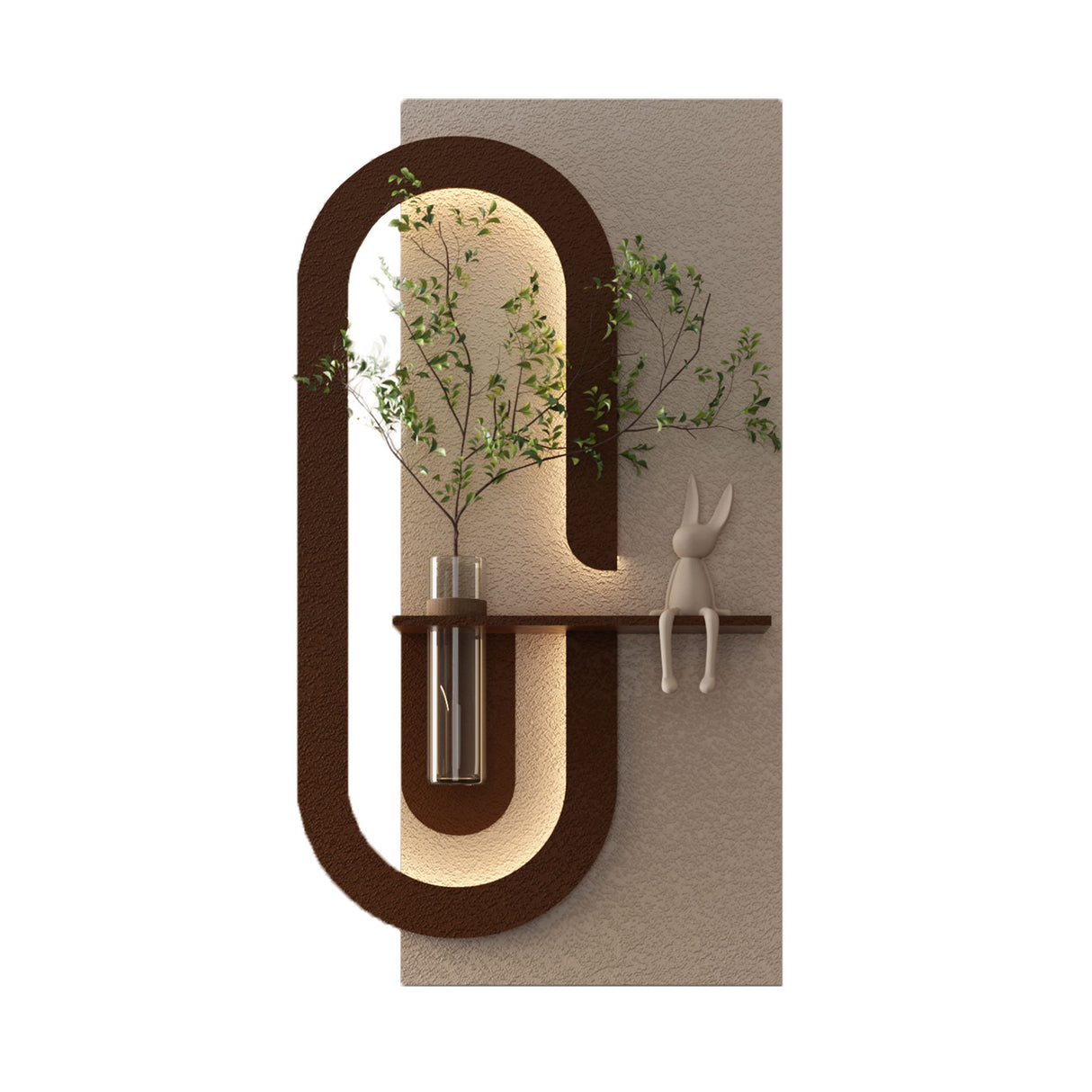 Adjustable LED Sandstone Wall Decor With Simulated Plants 3D Art Sculpture, Glass Vase & Rabbit Statue, Remote Control - Light Coffee