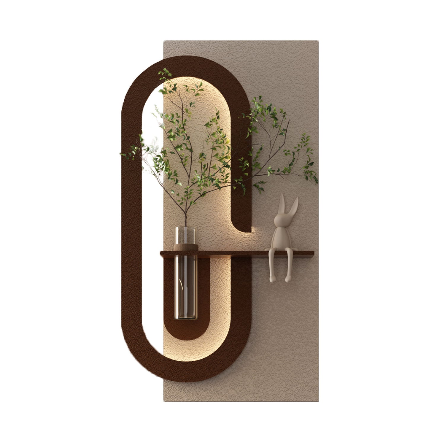 Adjustable LED Sandstone Wall Decor With Simulated Plants 3D Art Sculpture, Glass Vase & Rabbit Statue, Remote Control - Light Coffee