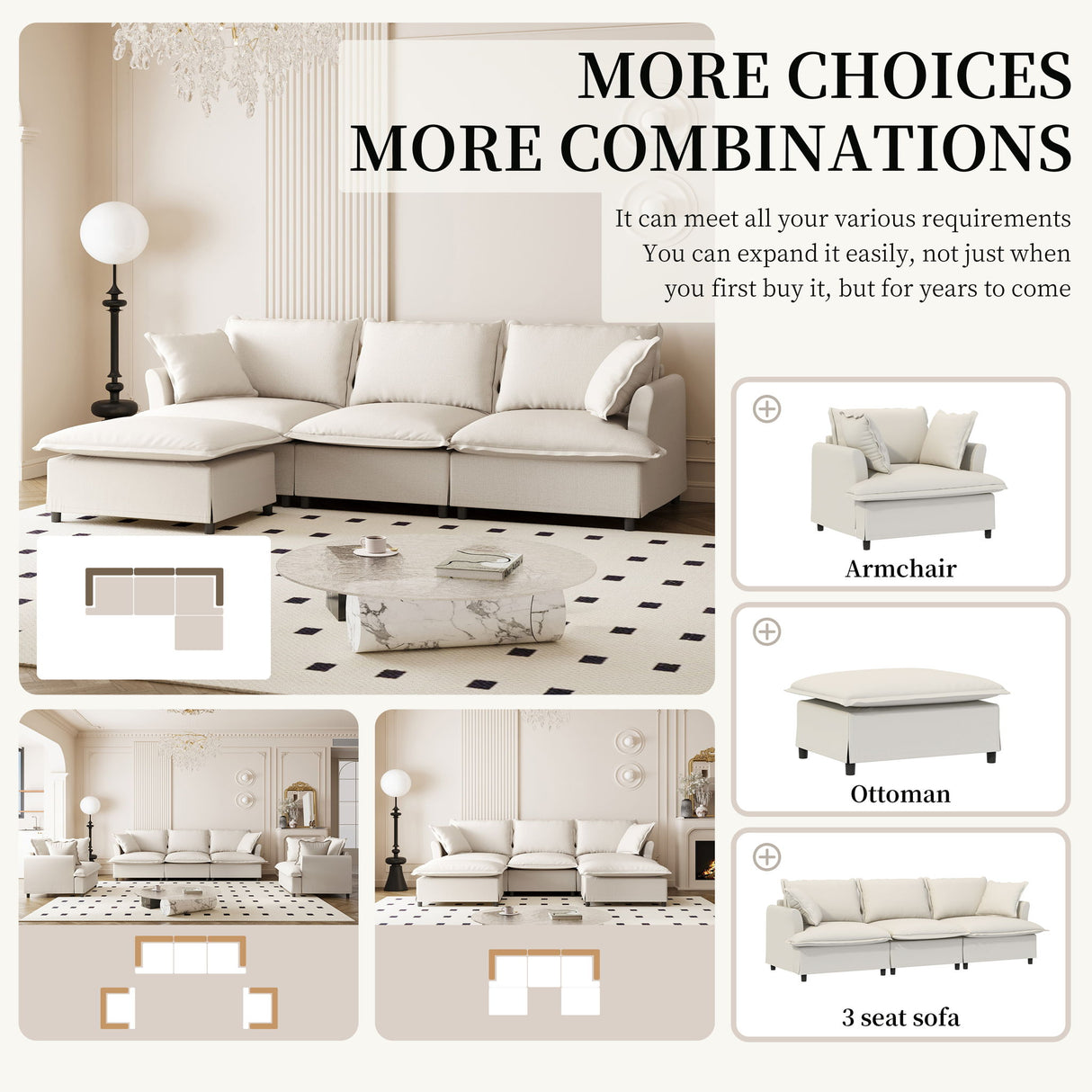 Sectional Sofa With Ottoman Cloud Couch Set With Throw Pillows, Free Combination