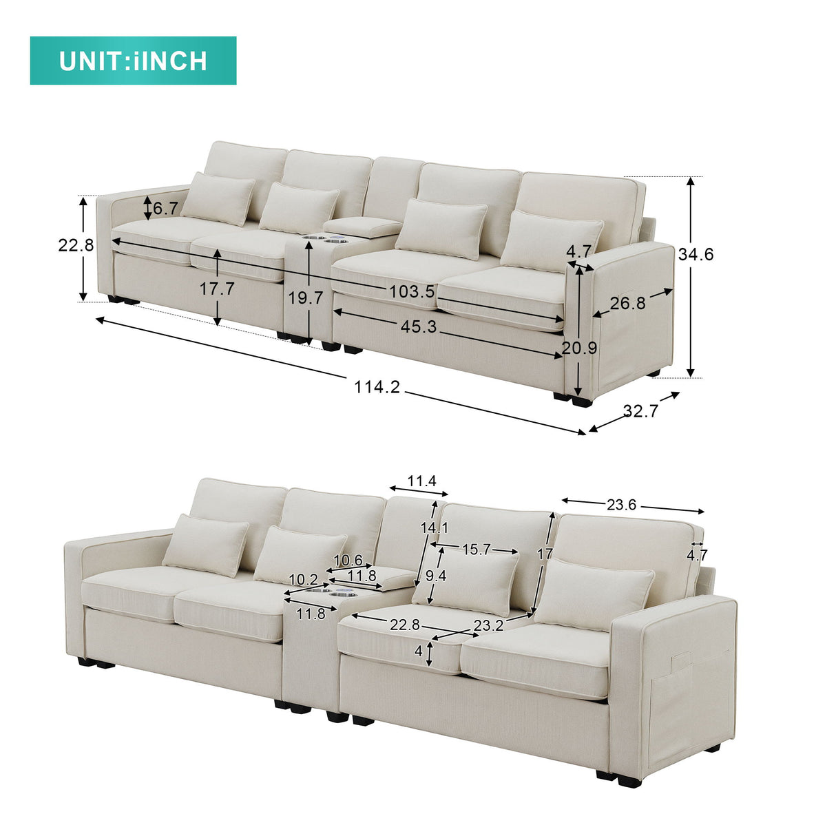 Upholstered Sofa With Console, 2 Cupholders And 2 USB Ports Wired Or Wirelessly Charged, Modern Linen Fabric Couches With 4 Pillows For Living Room, Apartment (4-Seat)