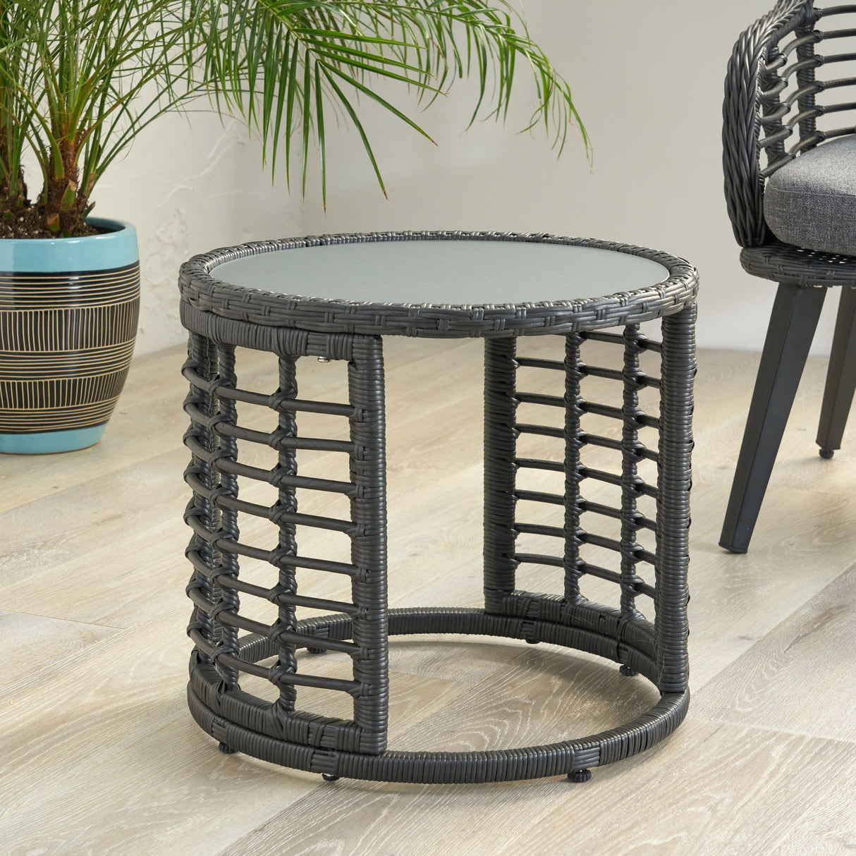 Achill - Outdoor Modern Boho Wicker Side Table With Glass Top - Gray