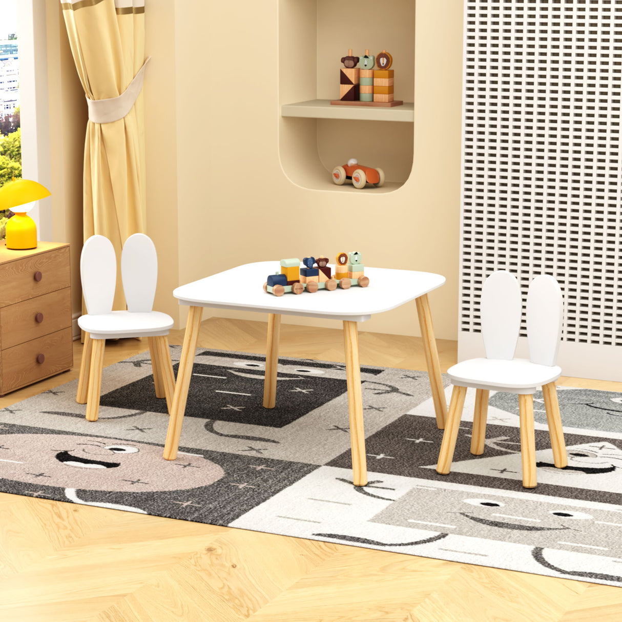 Rabbit Themed Table And 2 Chairs Set - White