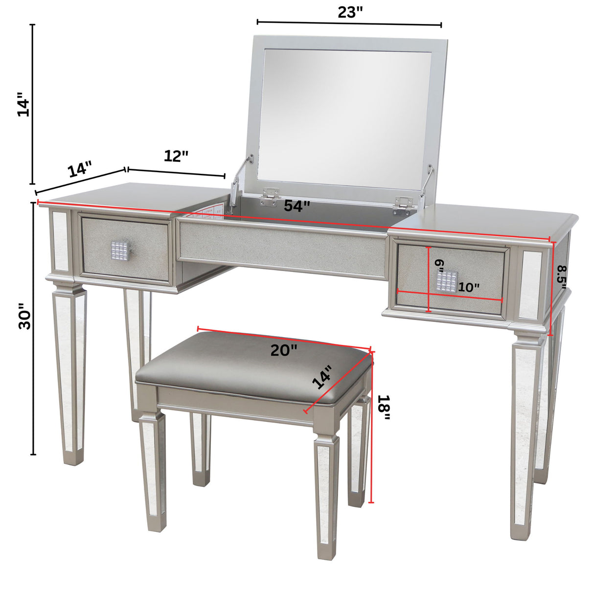 Mirrored Vanity Desk With Drawers And Stool, Flip Up Dressing Table Set For Makeup Room